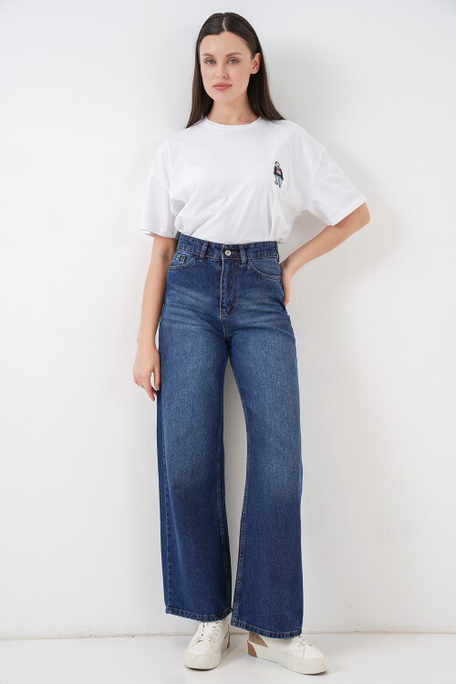 Merterium Kadın Bol Paça Yüksek Bel Palazzo Kot Pantolon 6656 - Lacivert