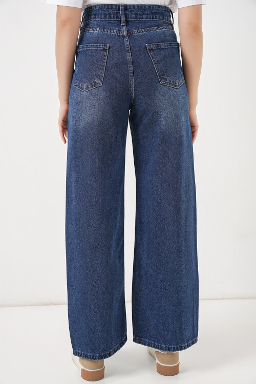 Merterium Kadın Bol Paça Yüksek Bel Palazzo Kot Pantolon 6656 - Lacivert