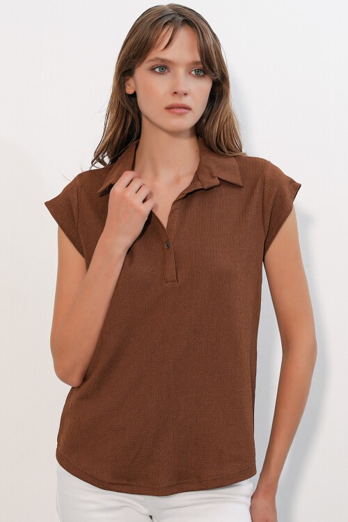 20123 Polo Yaka Örme Bluz - Kahverengi
