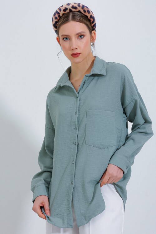 20153 Tek Cepli Oversize Keten Gömlek - Mint