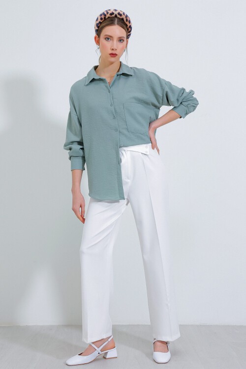 20153 Tek Cepli Oversize Keten Gömlek - Mint