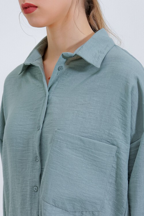 20153 Tek Cepli Oversize Keten Gömlek - Mint
