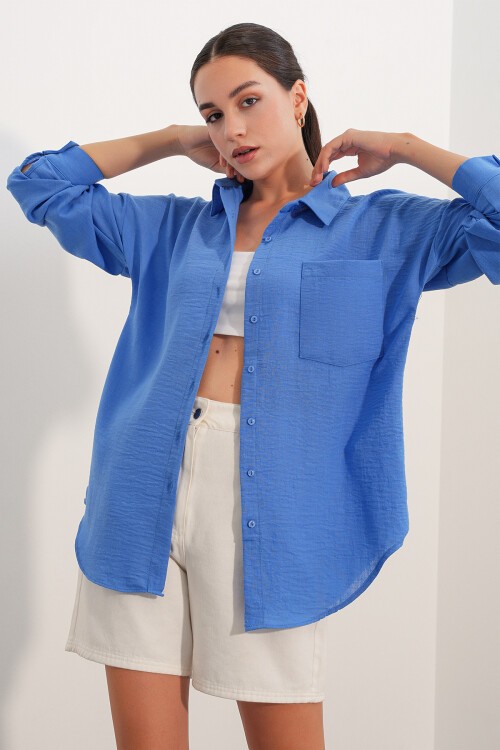 20153 Tek Cepli Oversize Keten Gömlek - Saks