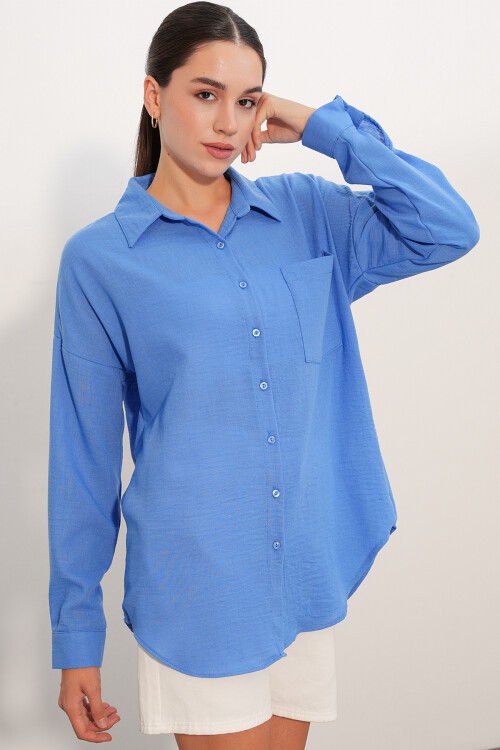 20153 Tek Cepli Oversize Keten Gömlek - Saks