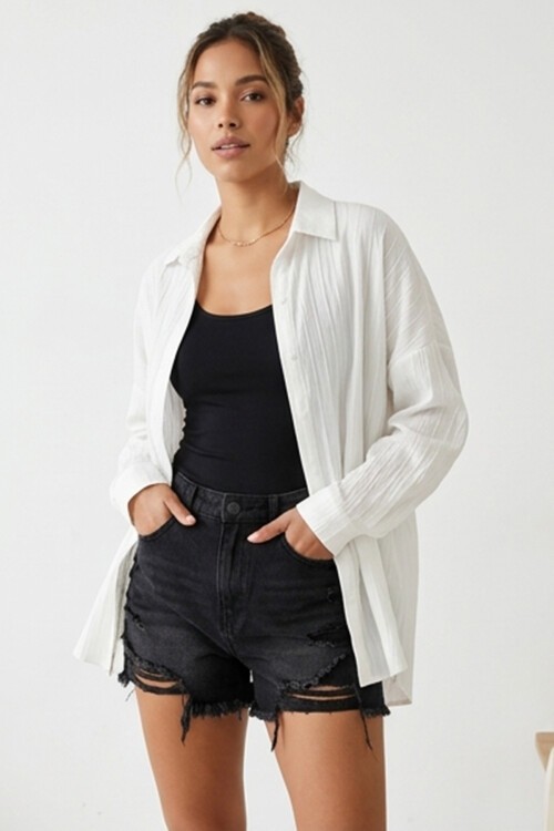 3900 Oversize Uzun Basic Gömlek - A.Beyaz