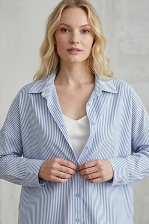 3900 Oversize Uzun Basic Gömlek - V. İndigo