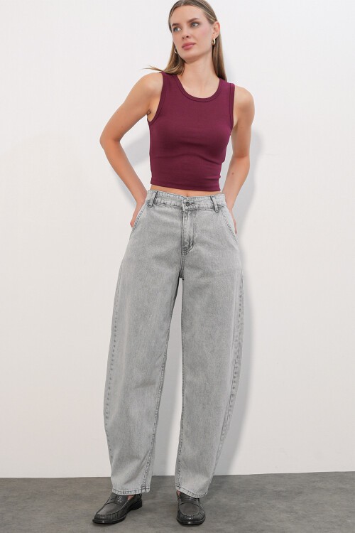 6689 Kadın Yüksek Bel Baggy Kot Pantolon - Gri