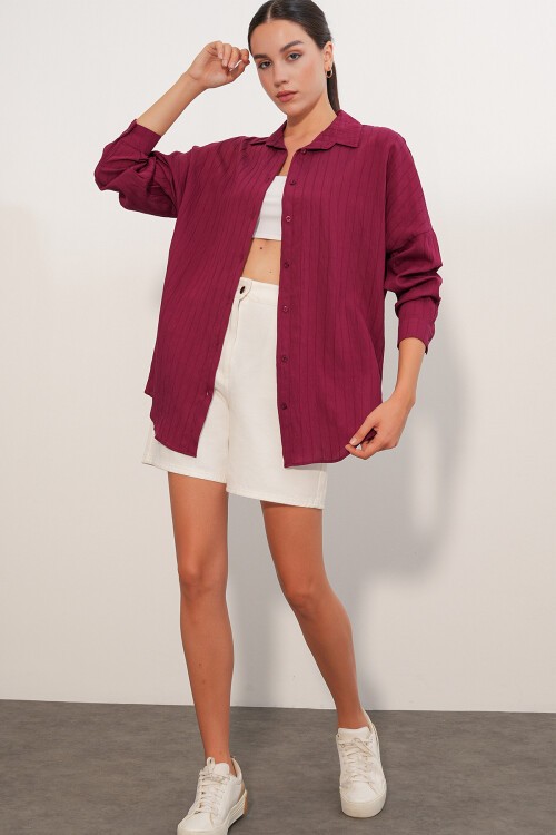 Kadın Çizgi Detaylı Oversize Gömlek 20407 - Bordo
