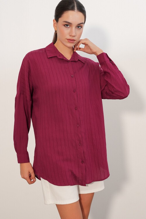 Kadın Çizgi Detaylı Oversize Gömlek 20407 - Bordo
