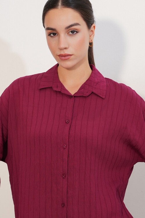 Kadın Çizgi Detaylı Oversize Gömlek 20407 - Bordo