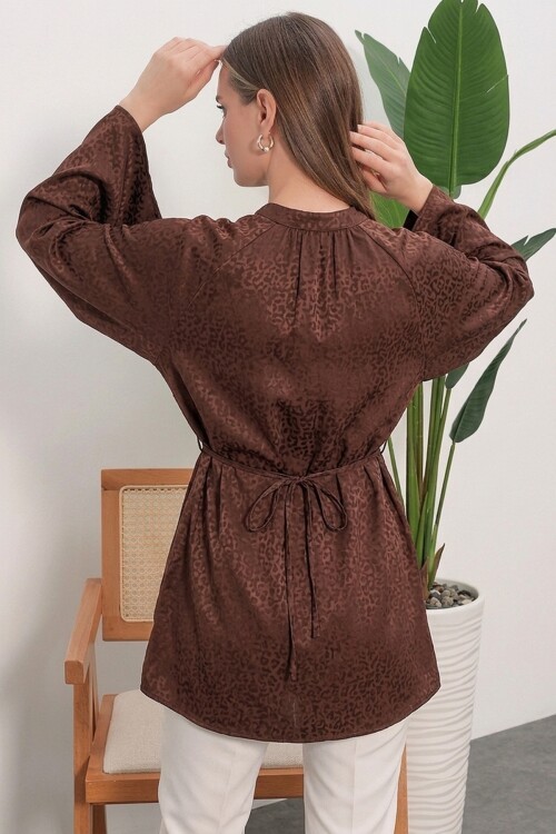 Kadın Çizgili Bağcıklı Oversize Tunik 50009 - Kahverengi