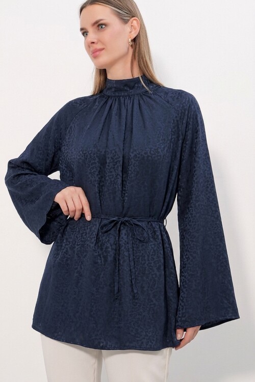 Kadın Çizgili Bağcıklı Oversize Tunik 50009 - Lacivert