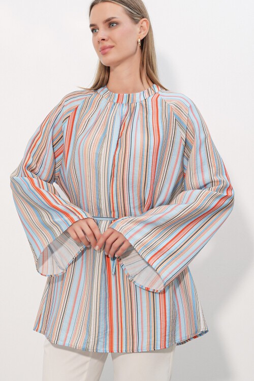 Kadın Çizgili Bağcıklı Oversize Tunik 50009 - Mavi