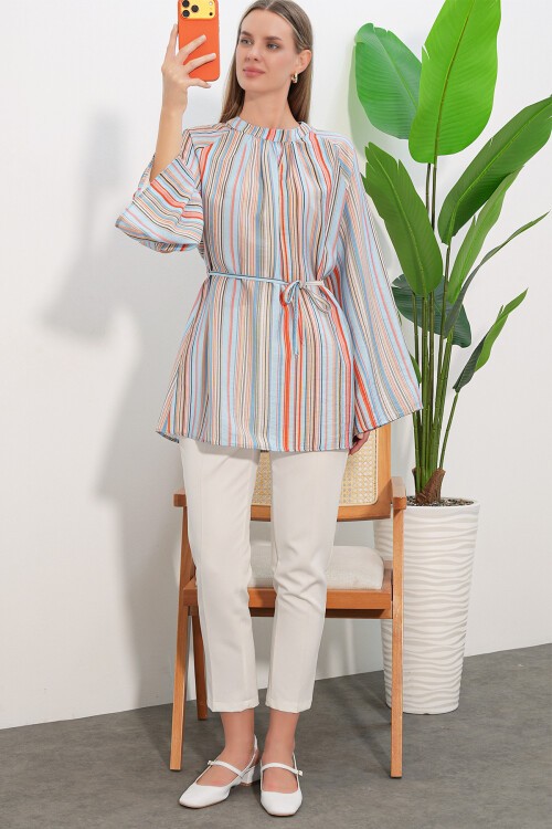Kadın Çizgili Bağcıklı Oversize Tunik 50009 - Mavi