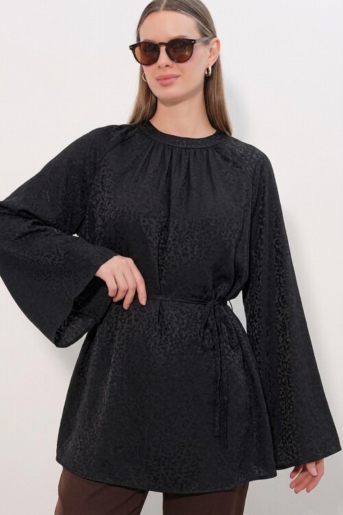 Kadın Çizgili Bağcıklı Oversize Tunik 50009 - Siyah