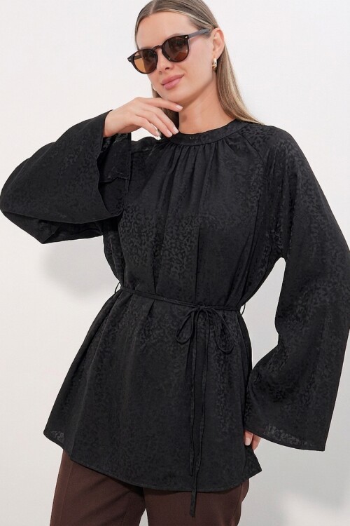 Kadın Çizgili Bağcıklı Oversize Tunik 50009 - Siyah