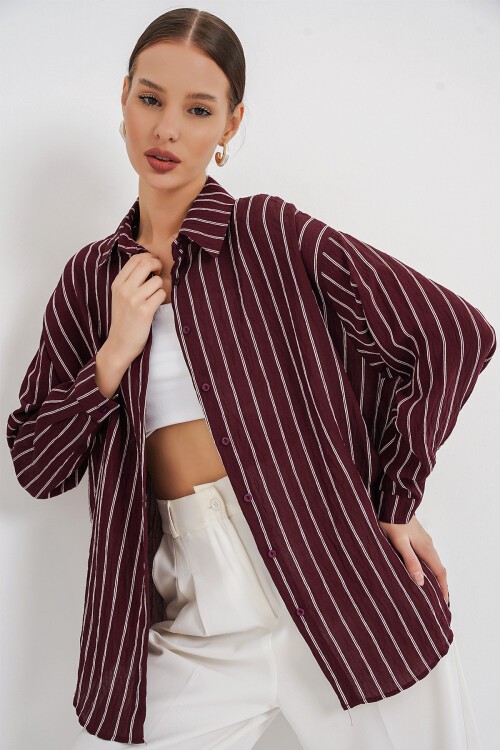 Kadın Çizgili Oversize Gömlek 20293 - Bordo
