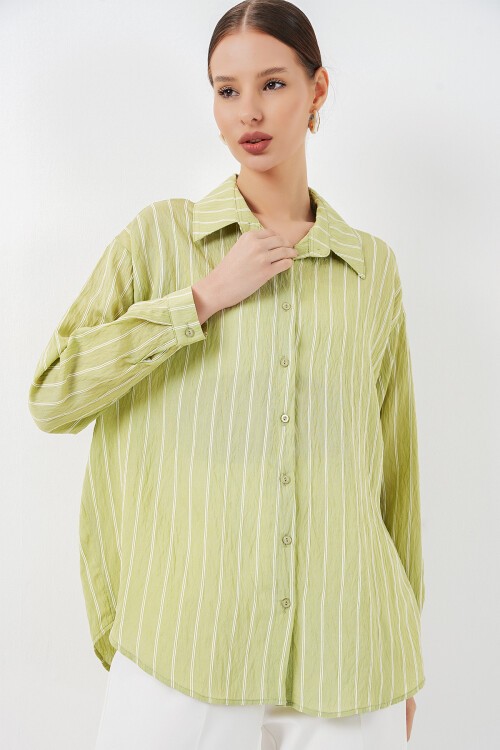Kadın Çizgili Oversize Gömlek 20293 - E.Yeşil