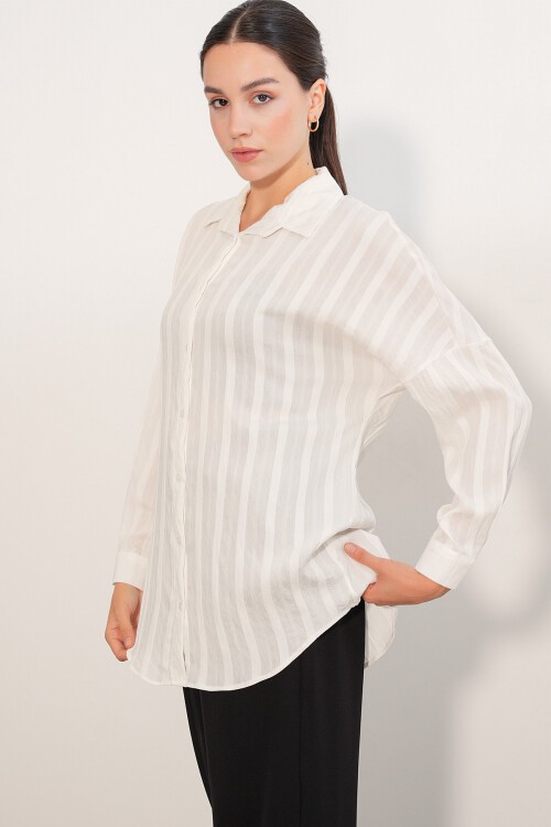 Kadın Çizgili Oversize Gömlek 20408 - Beyaz