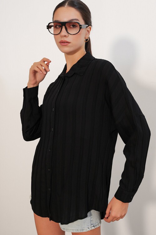 Kadın Çizgili Oversize Gömlek 20408 - Siyah
