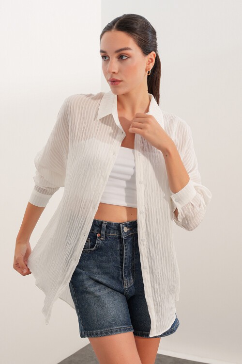 Kadın Çizgili Oversize Gömlek 20409 - Beyaz