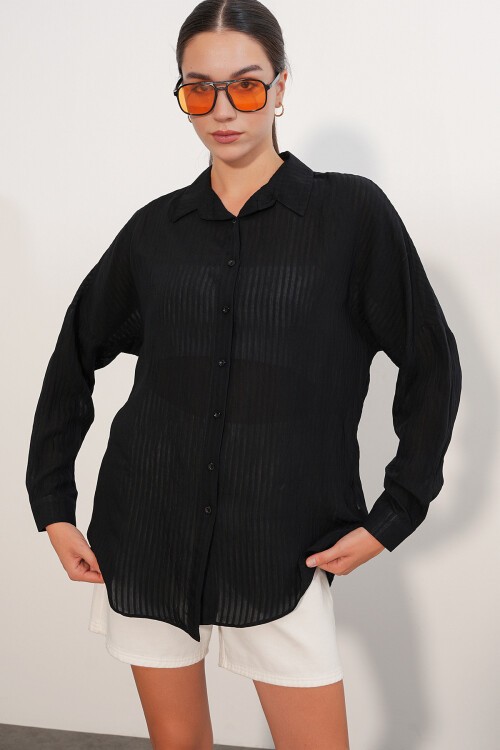 Kadın Çizgili Oversize Gömlek 20409 - Siyah