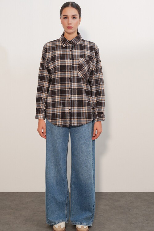 Kadın Ekose Desen Oversize Oduncu Gömlek 3854 C. Kahverengi