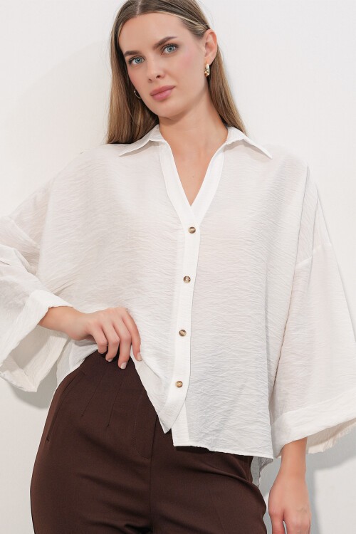 Kadın Geniş Kol Oversize Gömlek 20401 - Beyaz
