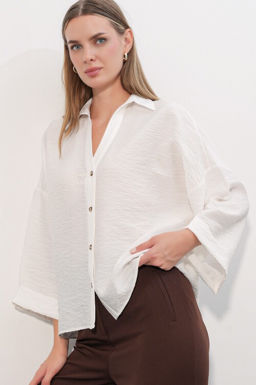 Kadın Geniş Kol Oversize Gömlek 20401 - Beyaz