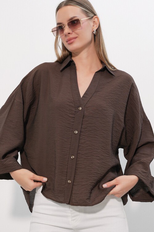 Kadın Geniş Kol Oversize Gömlek 20401 - Kahverengi