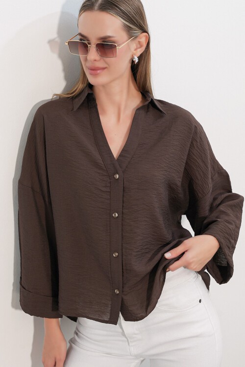 Kadın Geniş Kol Oversize Gömlek 20401 - Kahverengi
