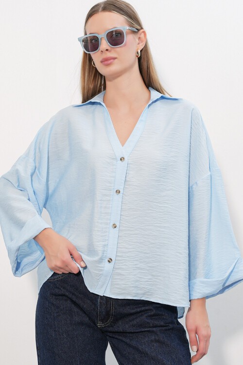 Kadın Geniş Kol Oversize Gömlek 20401 - Mavi