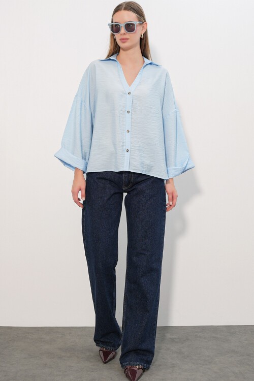 Kadın Geniş Kol Oversize Gömlek 20401 - Mavi