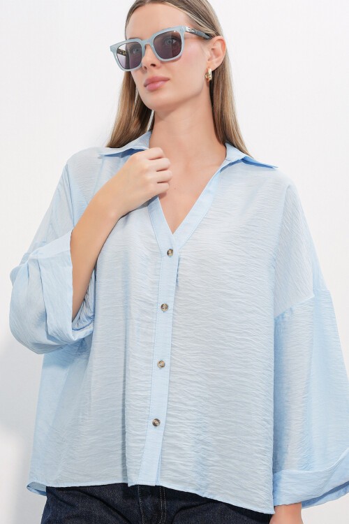 Kadın Geniş Kol Oversize Gömlek 20401 - Mavi