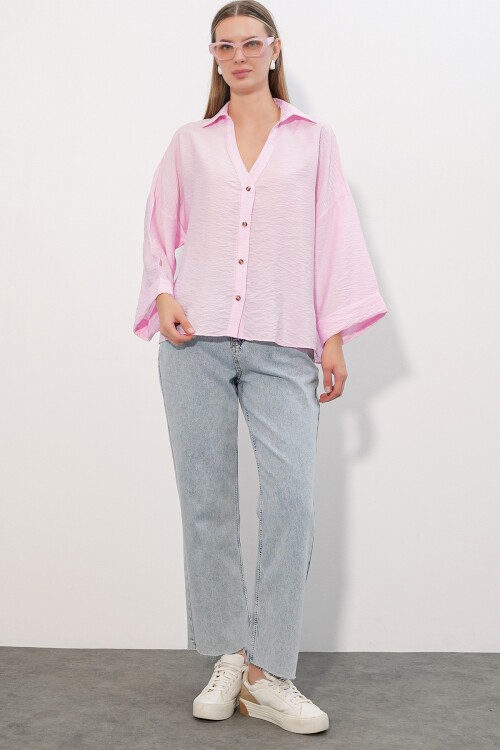 Kadın Geniş Kol Oversize Gömlek 20401 - Pembe