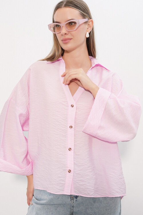 Kadın Geniş Kol Oversize Gömlek 20401 - Pembe