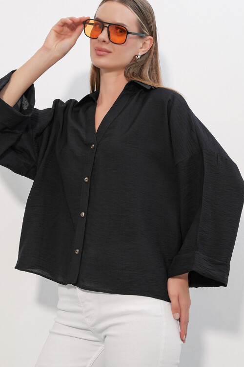Kadın Geniş Kol Oversize Gömlek 20401 - Siyah