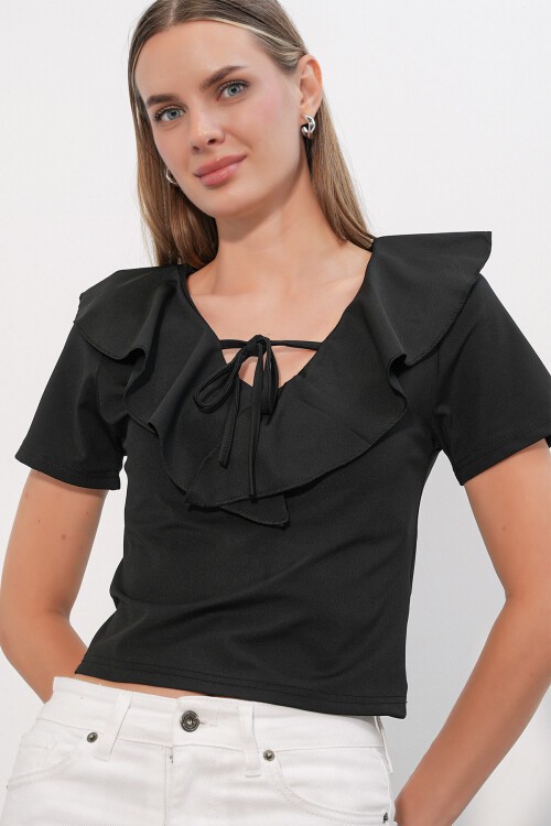 Kadın Kısa Kol Crop Bluz 40001 - Siyah