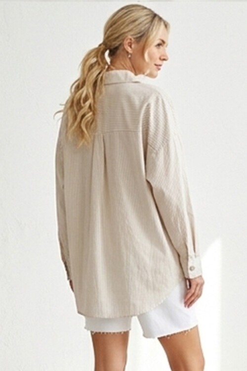Kadın Krem Siyah Çizgili Oversize Uzun Basic Gömlek 3900