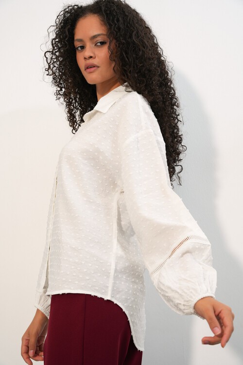 Kadın Oversize Desenli Gömlek 20379 - Beyaz