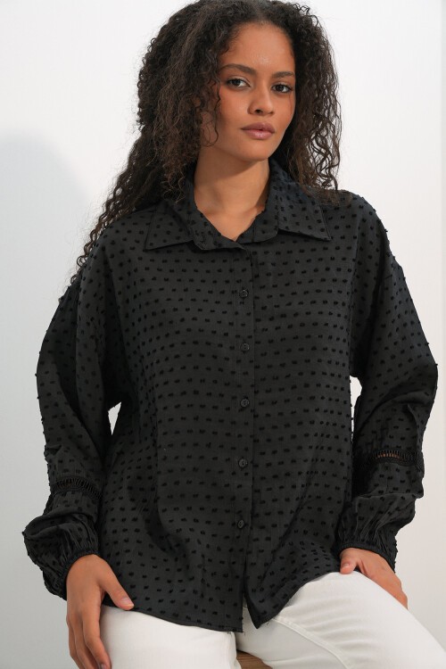 Kadın Oversize Desenli Gömlek 20379 - Siyah