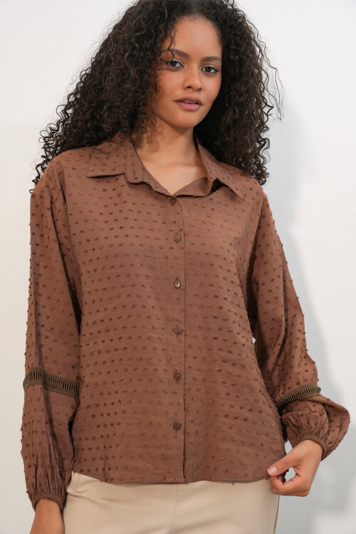 Kadın Oversize Desenli Gömlek 20379 - Taba