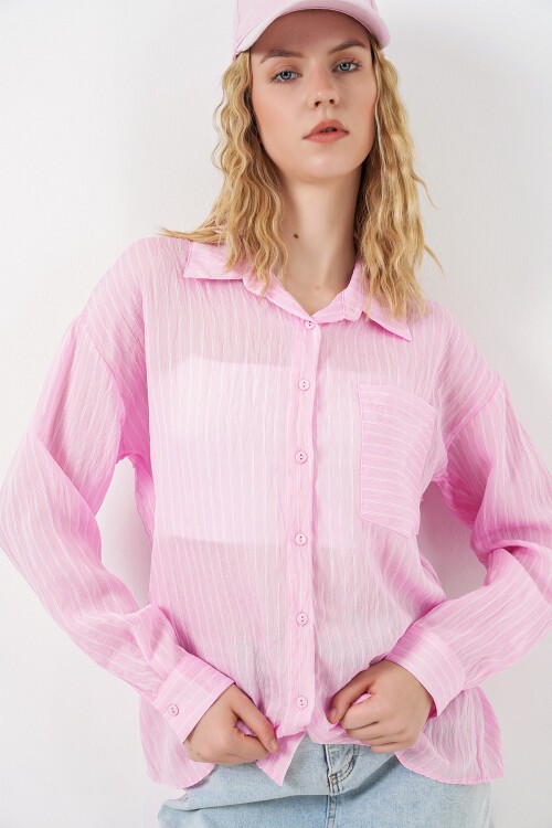 Kadın Tek Cepli Çizgili Oversize Gömlek 20375 - Pembe
