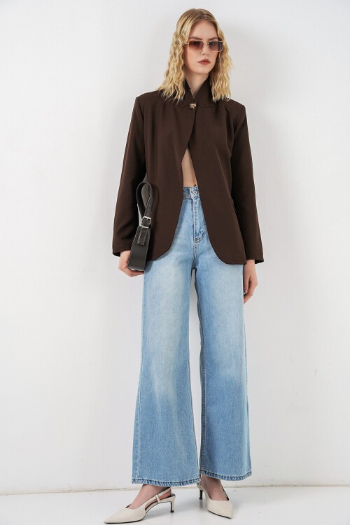 Kadın Tek Düğmeli Oversize Blazer Ceket 0749 - Kahverengi