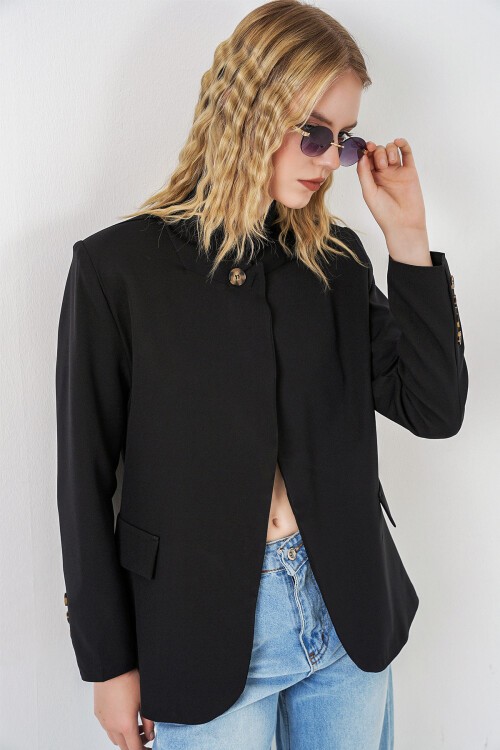 Kadın Tek Düğmeli Oversize Blazer Ceket 0749 - Siyah