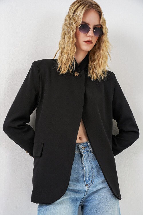 Kadın Tek Düğmeli Oversize Blazer Ceket 0749 - Siyah