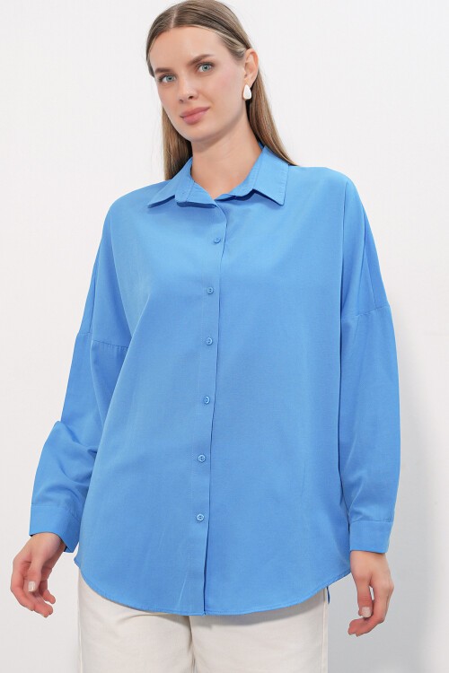 Merterium 3900 Oversize Uzun Basic Gömlek - Koyu Mavi