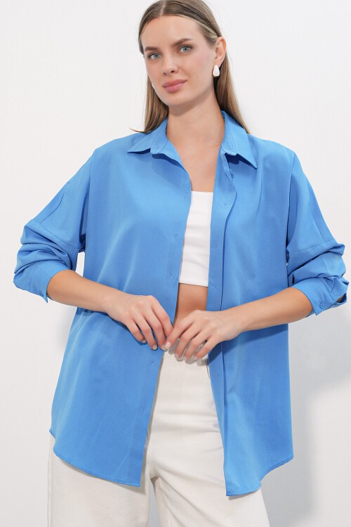 Merterium 3900 Oversize Uzun Basic Gömlek - Koyu Mavi