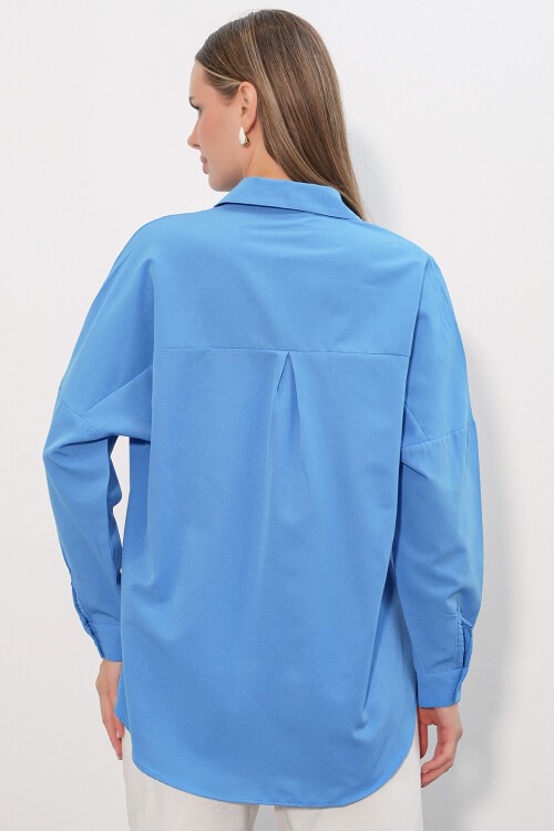 Merterium 3900 Oversize Uzun Basic Gömlek - Koyu Mavi