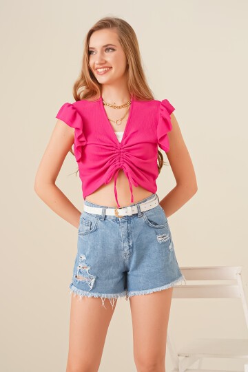 Merterium 0423 Crop Örme Bluz - Fuşya